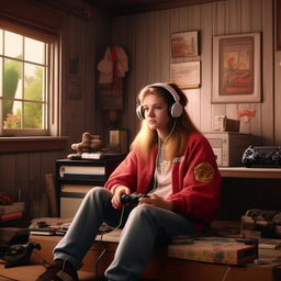 Character holding a PS2 controller, listening to a nostalgic song in a simple, nostalgic 1990s-style house.