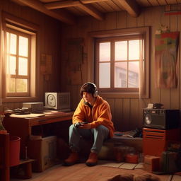 Character holding a PS2 controller, listening to a nostalgic song in a simple, nostalgic 1990s-style house.