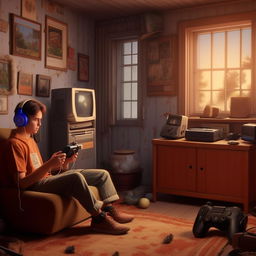 Character holding a PS2 controller, listening to a nostalgic song in a simple, nostalgic 1990s-style house.