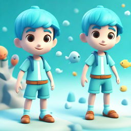 A charming 3D character of a young guy, themed around water and sea imagery with adorable features and a cool, aqua color palette.