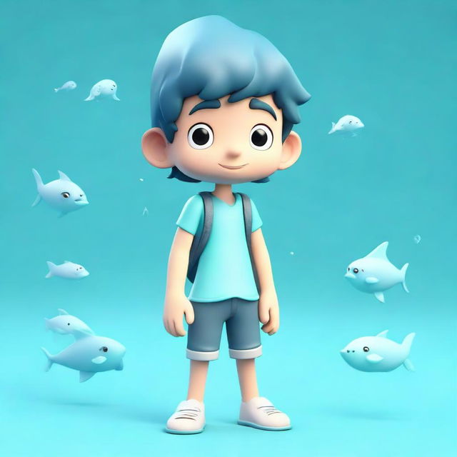 A charming 3D character of a young guy, themed around water and sea imagery with adorable features and a cool, aqua color palette.