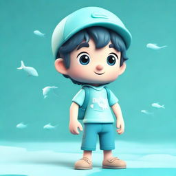 A charming 3D character of a young guy, themed around water and sea imagery with adorable features and a cool, aqua color palette.