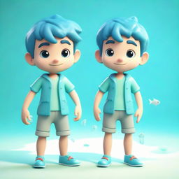 A charming 3D character of a young guy, themed around water and sea imagery with adorable features and a cool, aqua color palette.