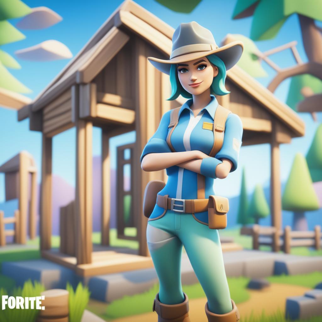 A Fortnite styled character, now depicted as a girl in a blue shirt and hat, stands next to a wooden structure and faces to the right