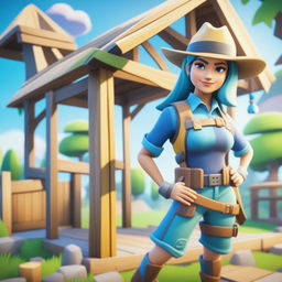 A Fortnite styled character, now depicted as a girl in a blue shirt and hat, stands next to a wooden structure and faces to the right