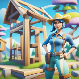 A Fortnite styled character, now depicted as a girl in a blue shirt and hat, stands next to a wooden structure and faces to the right