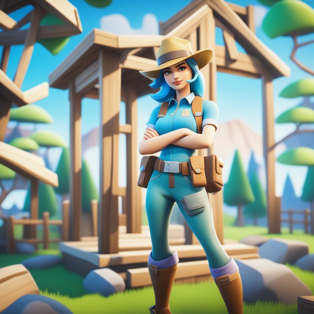 A Fortnite styled character, now depicted as a girl in a blue shirt and hat, stands next to a wooden structure and faces to the right