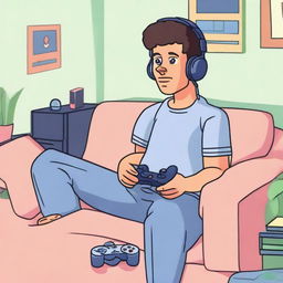 Character holding a PlayStation 2 controller, listening to nostalgic music in a simple, nostalgic 90s home setting