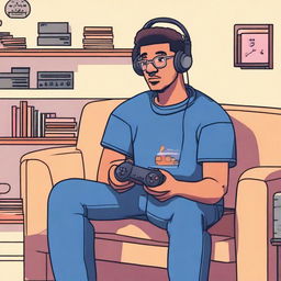 Character holding a PlayStation 2 controller, listening to nostalgic music in a simple, nostalgic 90s home setting