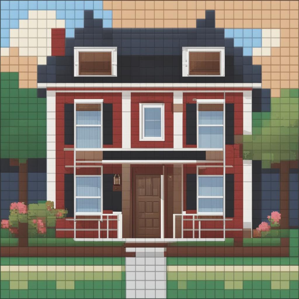 A 32x32 pixel art image of a charming two-story house, with a welcoming front door, windows, a gable roof, and a well-maintained front yard