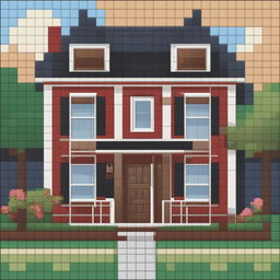 A 32x32 pixel art image of a charming two-story house, with a welcoming front door, windows, a gable roof, and a well-maintained front yard