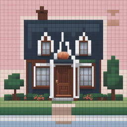 A 32x32 pixel art image of a charming two-story house, with a welcoming front door, windows, a gable roof, and a well-maintained front yard