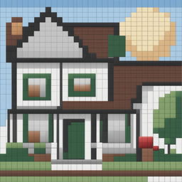 A 32x32 pixel art image of a charming two-story house, with a welcoming front door, windows, a gable roof, and a well-maintained front yard