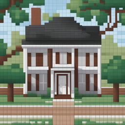 A 32x32 pixel art image of a charming two-story house, with a welcoming front door, windows, a gable roof, and a well-maintained front yard