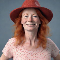 Generate a hyper-realistic image of a 45-year-old woman with freckles. She has red hair, is wearing a hat, and is dancing on a dance floor.