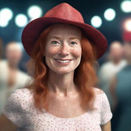 Generate a hyper-realistic image of a 45-year-old woman with freckles. She has red hair, is wearing a hat, and is dancing on a dance floor.