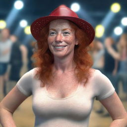 Generate a hyper-realistic image of a 45-year-old woman with freckles. She has red hair, is wearing a hat, and is dancing on a dance floor.