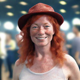 Generate a hyper-realistic image of a 45-year-old woman with freckles. She has red hair, is wearing a hat, and is dancing on a dance floor.