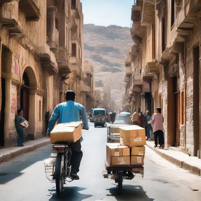 A delivery worker, navigating through the bustling streets of Yemen with packages in tow, showing the city's vibrant culture and architecture in the backdrop.