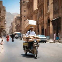 A delivery worker, navigating through the bustling streets of Yemen with packages in tow, showing the city's vibrant culture and architecture in the backdrop.