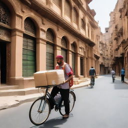 A delivery worker, navigating through the bustling streets of Yemen with packages in tow, showing the city's vibrant culture and architecture in the backdrop.