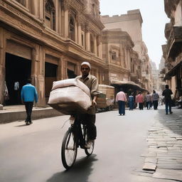 A delivery worker, navigating through the bustling streets of Yemen with packages in tow, showing the city's vibrant culture and architecture in the backdrop.