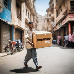 A diligent delivery worker navigating Yemen's vibrant streets, carrying a box prominently labeled 'Mahmoud Delivery', capturing the hustle and bustle of the city.