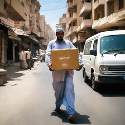 A diligent delivery worker navigating Yemen's vibrant streets, carrying a box prominently labeled 'Mahmoud Delivery', capturing the hustle and bustle of the city.