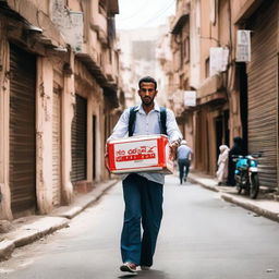 A diligent delivery worker navigating Yemen's vibrant streets, carrying a box prominently labeled 'Mahmoud Delivery', capturing the hustle and bustle of the city.