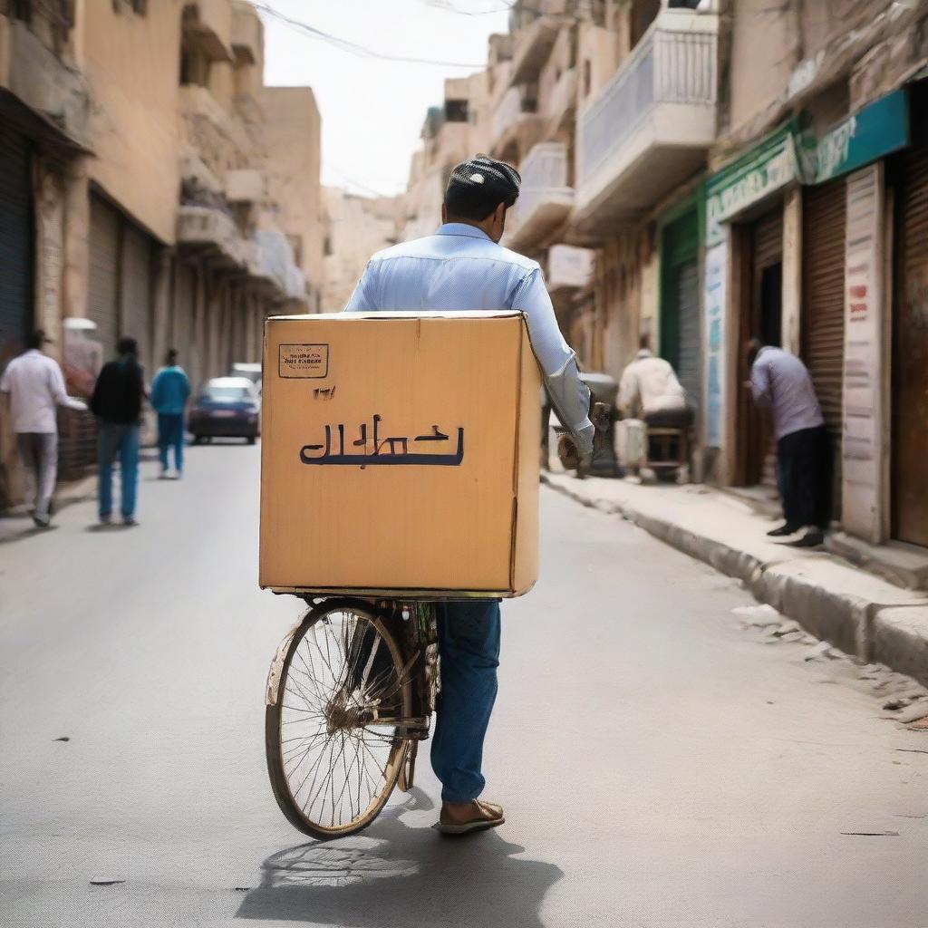 A diligent delivery worker navigating Yemen's vibrant streets, carrying a box prominently labeled 'Mahmoud Delivery', capturing the hustle and bustle of the city.