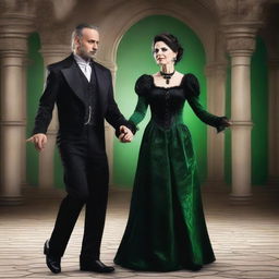 Generate a realistic photo of a 47-year-old woman with green eyes, dressed in gothic clothing with many accessories, dancing with a man.