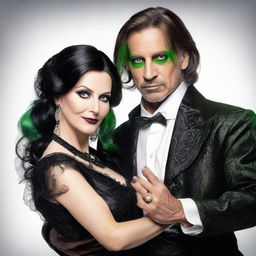 Generate a realistic photo of a 47-year-old woman with green eyes, dressed in gothic clothing with many accessories, dancing with a man.