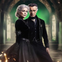 Generate a realistic photo of a 47-year-old woman with green eyes, dressed in gothic clothing with many accessories, dancing with a man.