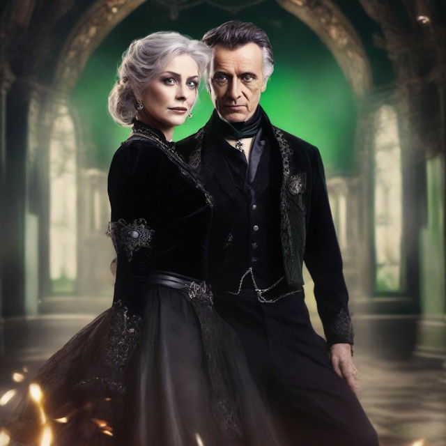 Generate a realistic photo of a 47-year-old woman with green eyes, dressed in gothic clothing with many accessories, dancing with a man.