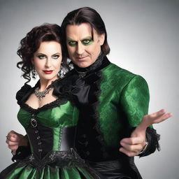 Generate a realistic photo of a 47-year-old woman with green eyes, dressed in gothic clothing with many accessories, dancing with a man.