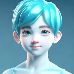 A 3D character of a young guy with adorable features, bathed in varying shades of aquamarine, reflecting the beauty and tranquility of seas and oceans.