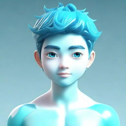 A 3D character of a young guy with adorable features, bathed in varying shades of aquamarine, reflecting the beauty and tranquility of seas and oceans.