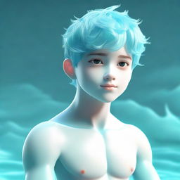 A 3D character of a young guy with adorable features, bathed in varying shades of aquamarine, reflecting the beauty and tranquility of seas and oceans.