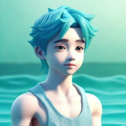 A 3D character of a young guy with adorable features, bathed in varying shades of aquamarine, reflecting the beauty and tranquility of seas and oceans.