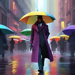 A high-quality digital art piece featuring a mysterious character, clad in a dark trench coat, stealthily stealing an array of vibrant umbrellas from a bustling city street