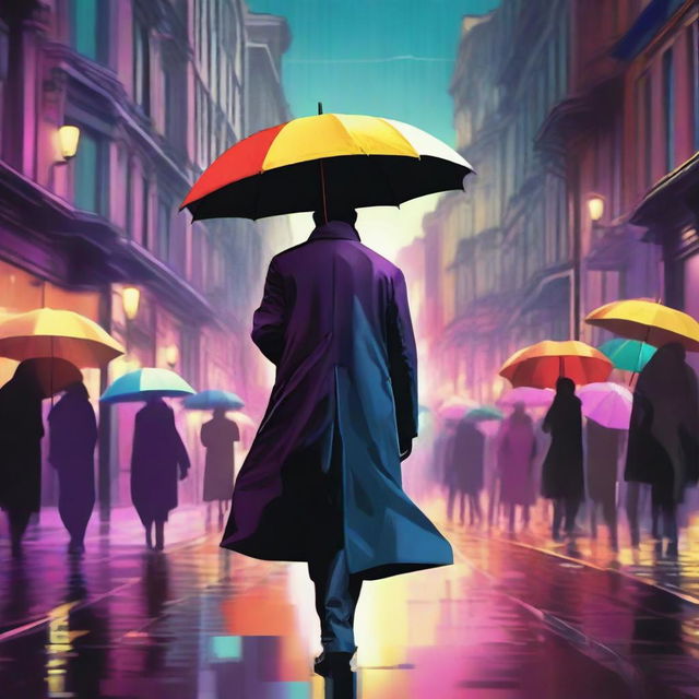 A high-quality digital art piece featuring a mysterious character, clad in a dark trench coat, stealthily stealing an array of vibrant umbrellas from a bustling city street