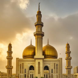 An awe-inspiring view of a golden Masjid, shining resplendently against a backdrop of soft, billowy clouds.