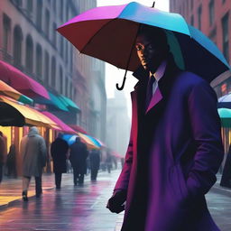 A high-quality digital art piece featuring a mysterious character, clad in a dark trench coat, stealthily stealing an array of vibrant umbrellas from a bustling city street