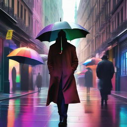 A high-quality digital art piece featuring a mysterious character, clad in a dark trench coat, stealthily stealing an array of vibrant umbrellas from a bustling city street