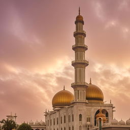 An awe-inspiring view of a golden Masjid, shining resplendently against a backdrop of soft, billowy clouds.