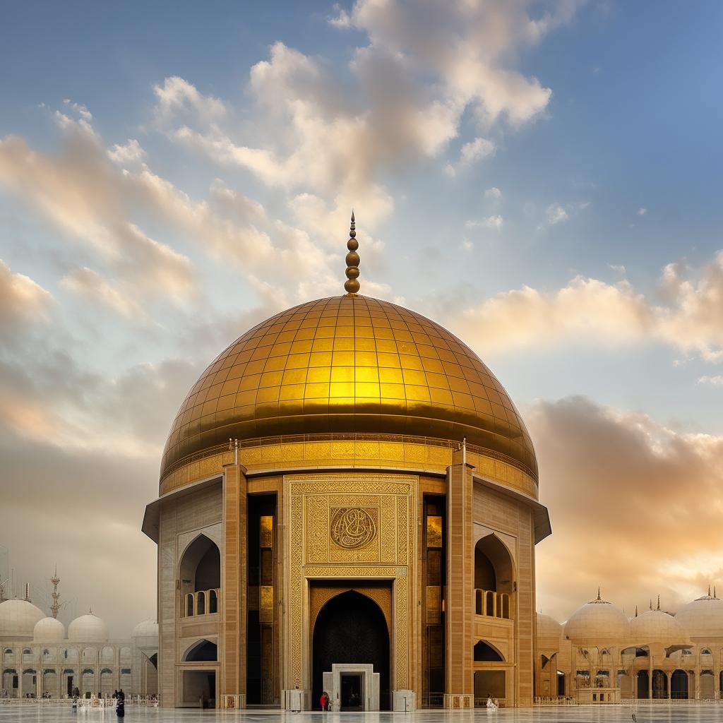 An awe-inspiring view of a golden Masjid, shining resplendently against a backdrop of soft, billowy clouds.