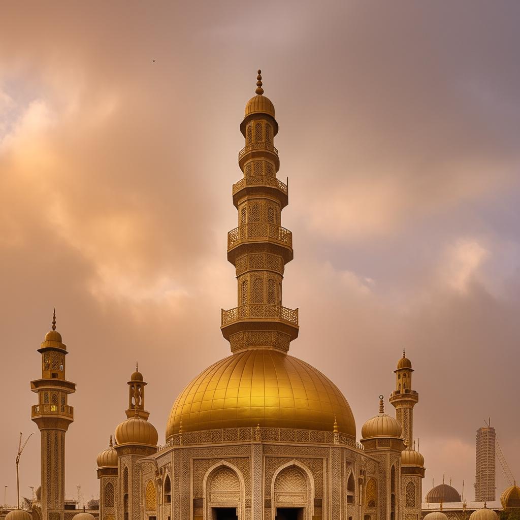 An awe-inspiring view of a golden Masjid, shining resplendently against a backdrop of soft, billowy clouds.