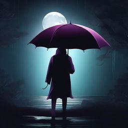 A digital art showcasing a mysterious character, shrouded in darkness, stealthily stealing a vibrant umbrella under a moonlit night