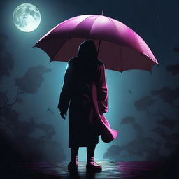 A digital art showcasing a mysterious character, shrouded in darkness, stealthily stealing a vibrant umbrella under a moonlit night