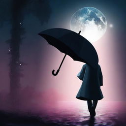 A digital art showcasing a mysterious character, shrouded in darkness, stealthily stealing a vibrant umbrella under a moonlit night